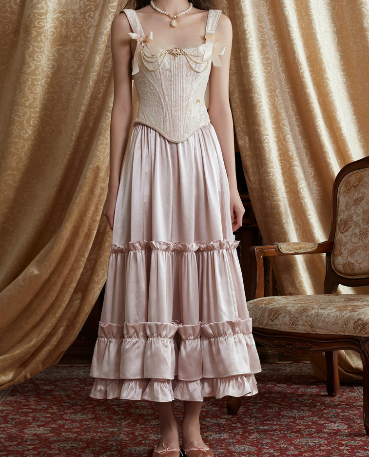 Adorable Spaghetti Straps Beading Pink Prom Dress Jacquard Bodice A-Line Evening Dress C8680
