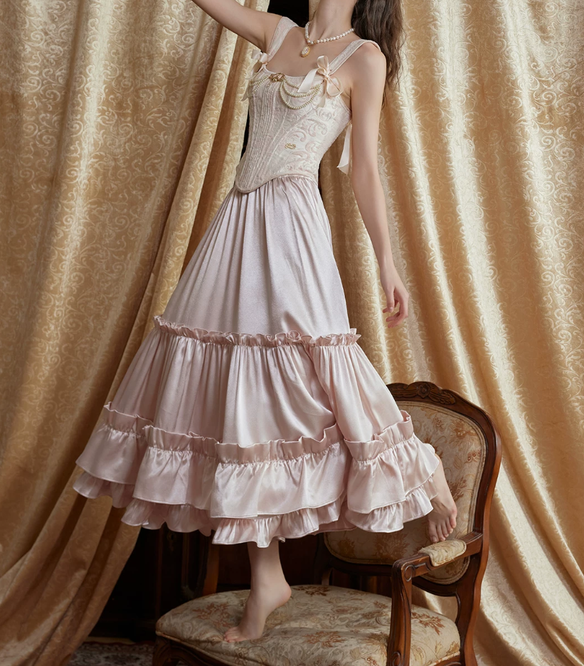 Adorable Spaghetti Straps Beading Pink Prom Dress Jacquard Bodice A-Line Evening Dress C8680