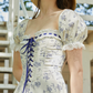 Classical Square Neck Floral Prom Dress Blue Lace A-Line Evening Dress C8683