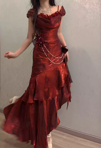 Robe de bal de princesse bustier à volants en satin long, robe de soirée C8117