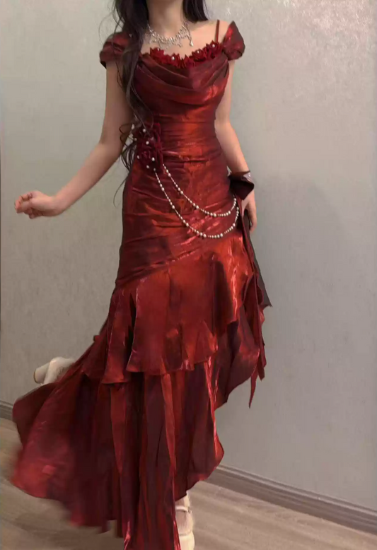 Robe de bal de princesse bustier à volants en satin long, robe de soirée C8117