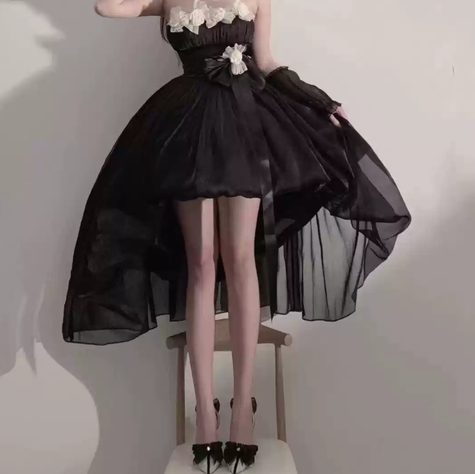 Adorable Strapless Appliques Homecoming Dress Bows Short Sleeve A-Line Birthday Dress C8687