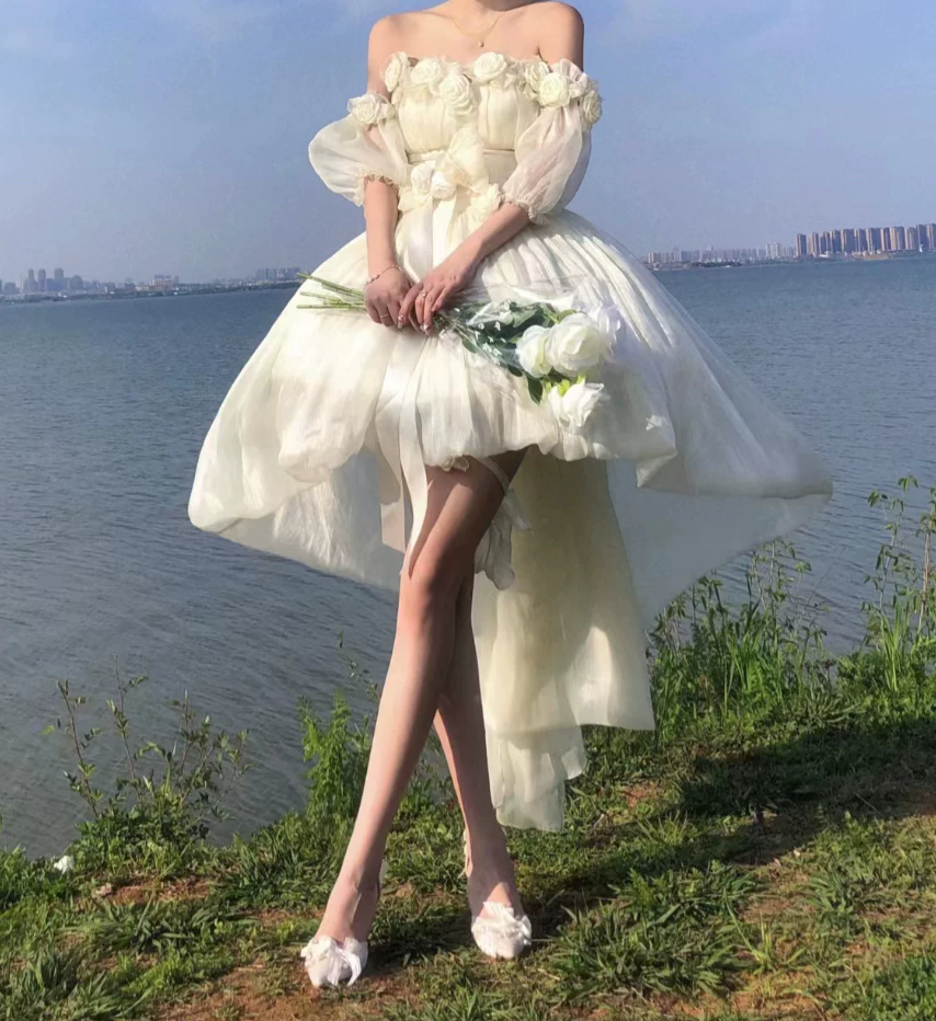 Adorable Strapless Appliques Homecoming Dress Bows Short Sleeve A-Line Birthday Dress C8687