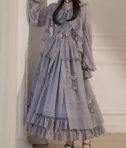 Romantic Butterflies Purple Prom Dress Long Sleeve Ruffles A-Line Evening Dress C8688