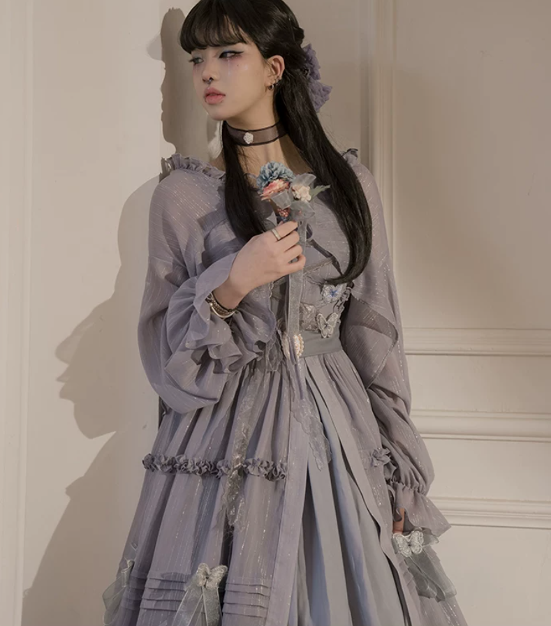 Romantic Butterflies Purple Prom Dress Long Sleeve Ruffles A-Line Evening Dress C8688