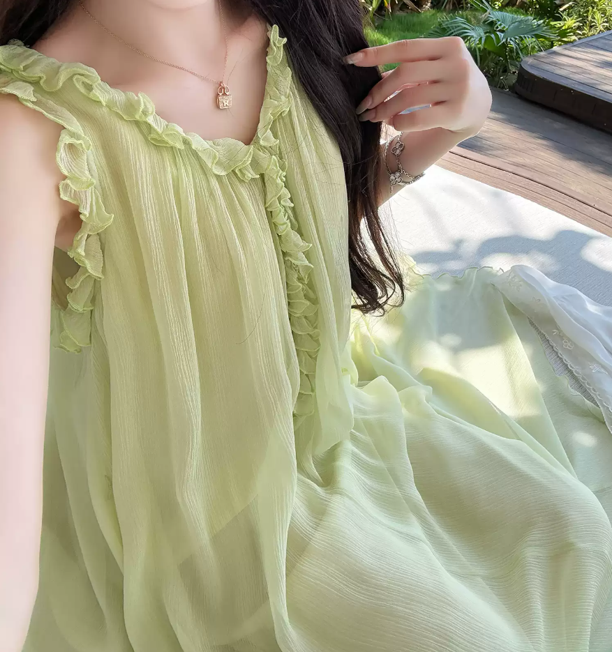 Flowy V Neck Ruffles Prom Dress With Lining Green A-Line Evening Dress C8690