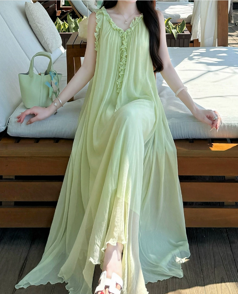 Flowy V Neck Ruffles Prom Dress With Lining Green A-Line Evening Dress C8690
