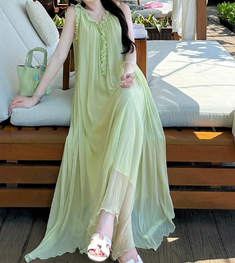 Flowy V Neck Ruffles Prom Dress With Lining Green A-Line Evening Dress C8690