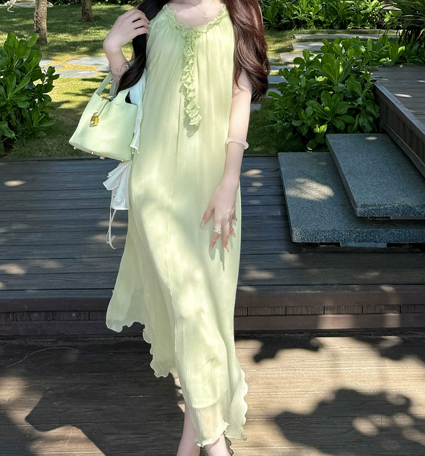 Flowy V Neck Ruffles Prom Dress With Lining Green A-Line Evening Dress C8690
