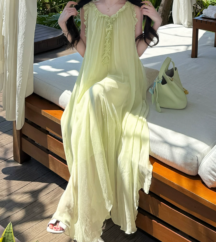 Flowy V Neck Ruffles Prom Dress With Lining Green A-Line Evening Dress C8690