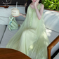 Flowy V Neck Ruffles Prom Dress With Lining Green A-Line Evening Dress C8690