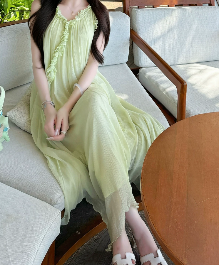 Flowy V Neck Ruffles Prom Dress With Lining Green A-Line Evening Dress C8690