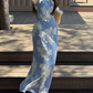 Trendy Beaded V Neck Prom Dress Blue Floral Sheath Evening Dress C8691