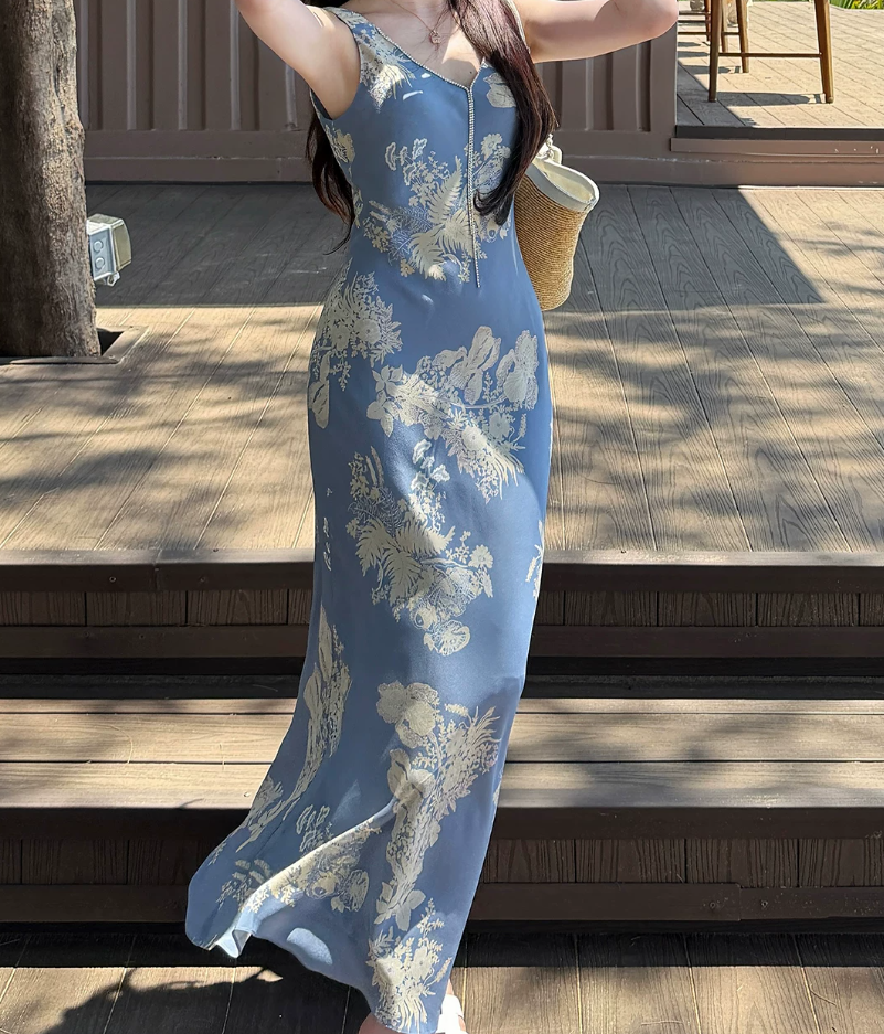 Trendy Beaded V Neck Prom Dress Blue Floral Sheath Evening Dress C8691