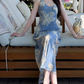 Trendy Beaded V Neck Prom Dress Blue Floral Sheath Evening Dress C8691
