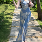 Trendy Beaded V Neck Prom Dress Blue Floral Sheath Evening Dress C8691