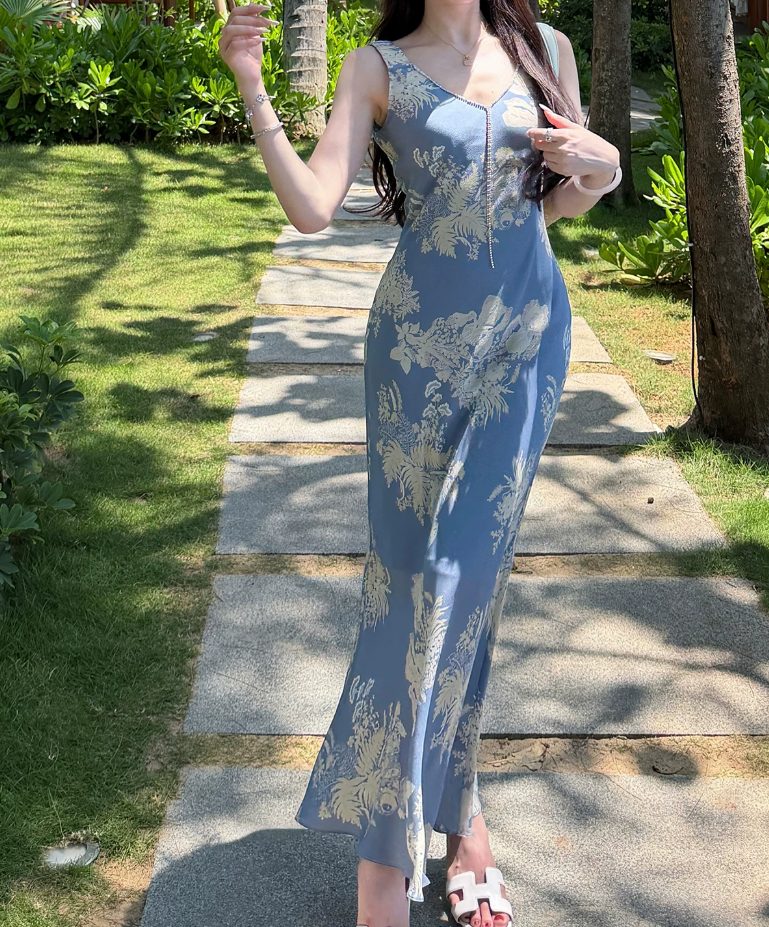Trendy Beaded V Neck Prom Dress Blue Floral Sheath Evening Dress C8691