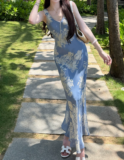 Trendy Beaded V Neck Prom Dress Blue Floral Sheath Evening Dress C8691