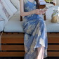 Trendy Beaded V Neck Prom Dress Blue Floral Sheath Evening Dress C8691