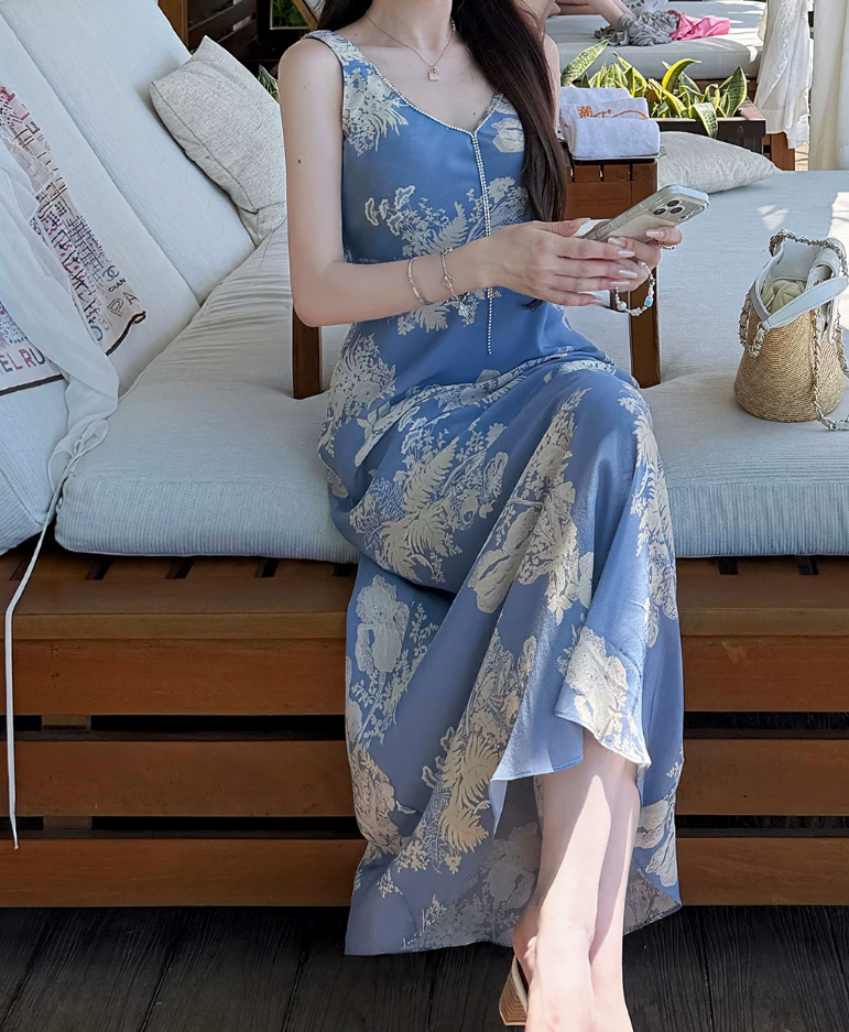 Trendy Beaded V Neck Prom Dress Blue Floral Sheath Evening Dress C8691