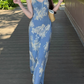 Trendy Beaded V Neck Prom Dress Blue Floral Sheath Evening Dress C8691