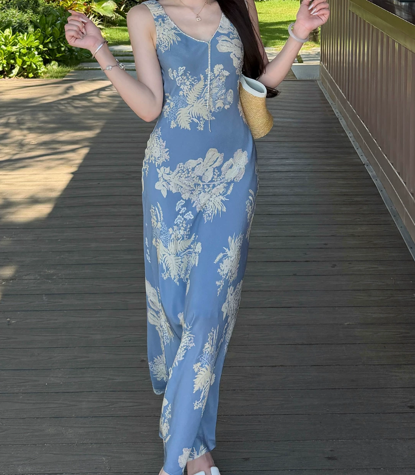Trendy Beaded V Neck Prom Dress Blue Floral Sheath Evening Dress C8691