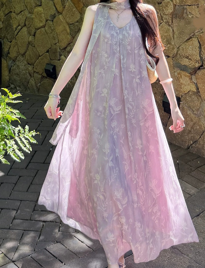 Chic V Neck Purple Prom Dress With Scarf Floral A-Line Evening Dress C8692