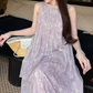 Chic V Neck Purple Prom Dress With Scarf Floral A-Line Evening Dress C8692