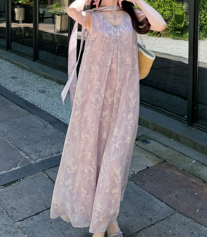 Chic V Neck Purple Prom Dress With Scarf Floral A-Line Evening Dress C8692
