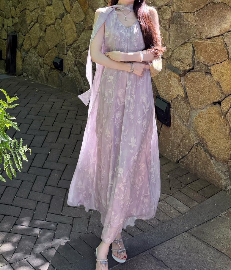 Chic V Neck Purple Prom Dress With Scarf Floral A-Line Evening Dress C8692