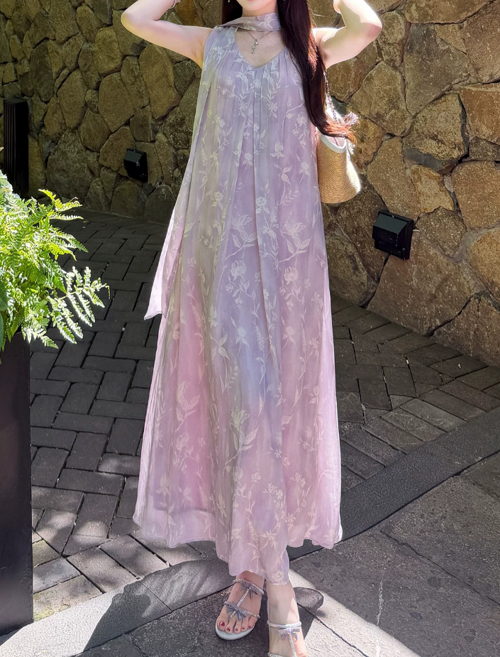 Chic V Neck Purple Prom Dress With Scarf Floral A-Line Evening Dress C8692