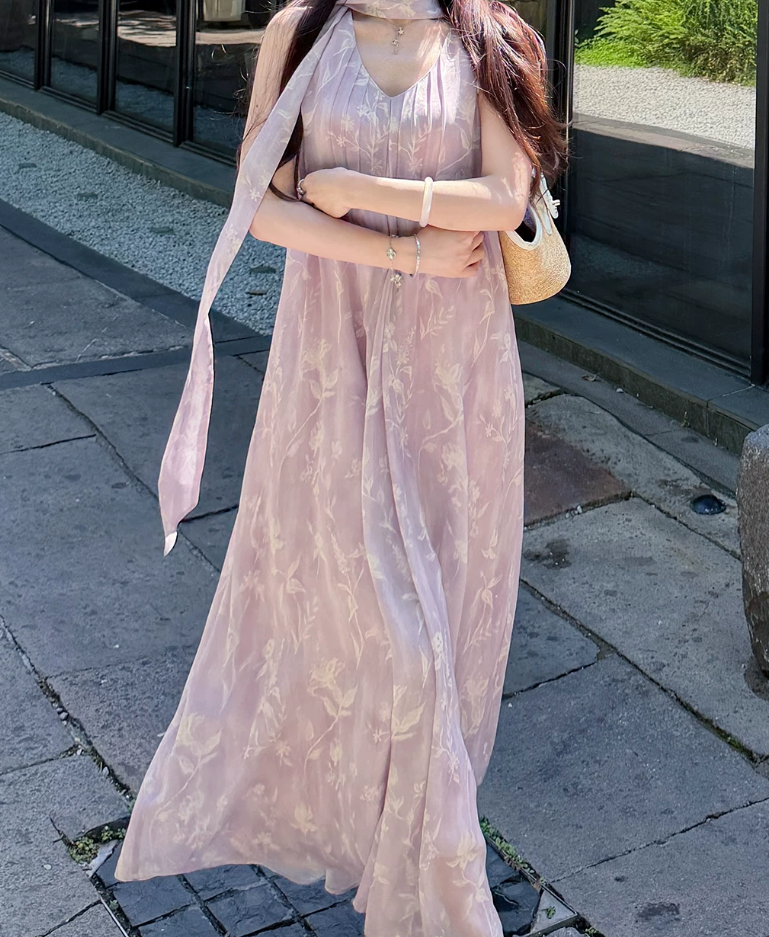 Chic V Neck Purple Prom Dress With Scarf Floral A-Line Evening Dress C8692