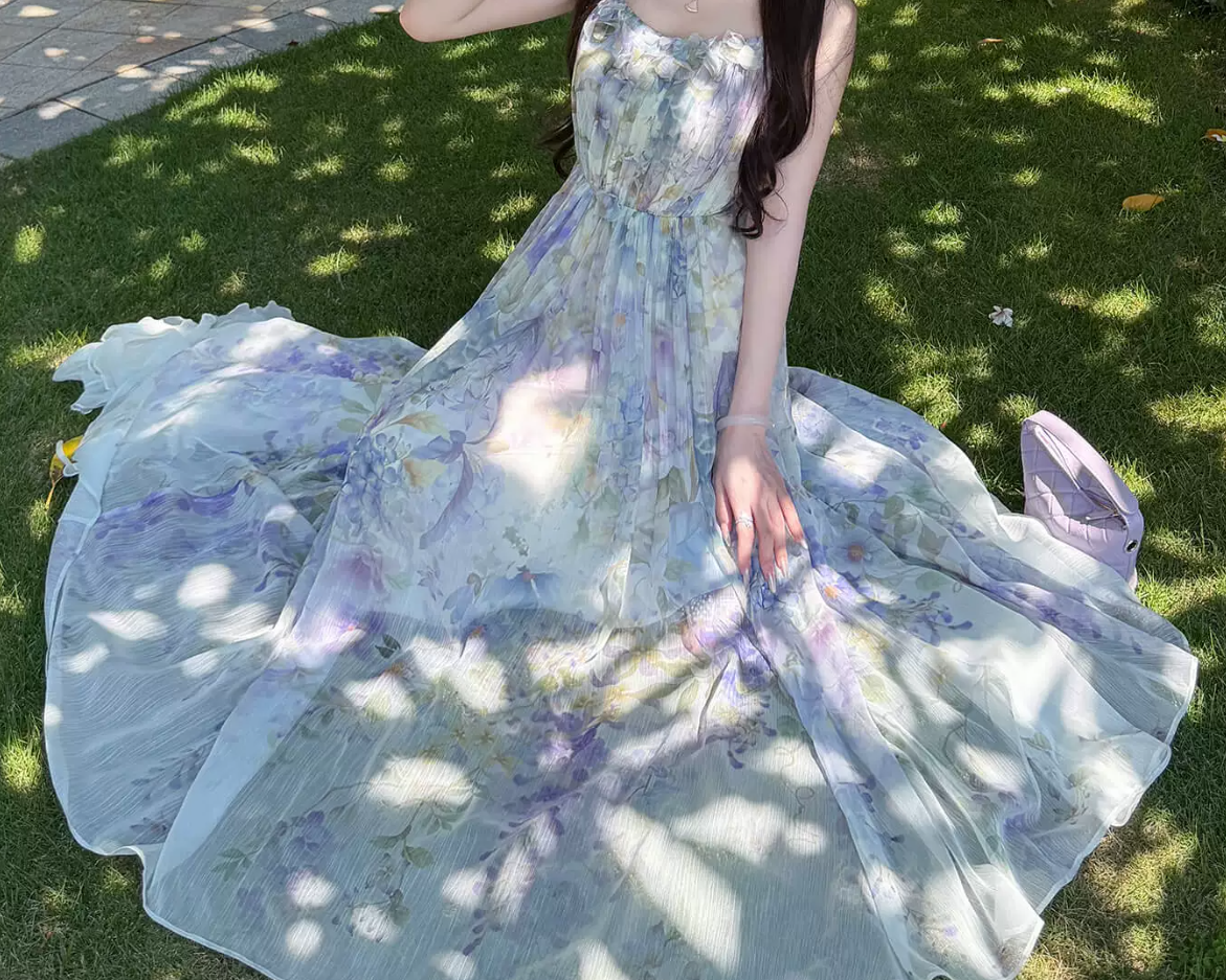 Flowy Spaghetti Straps Appliques Prom Dress Floral A-Line Evening Dress C8693