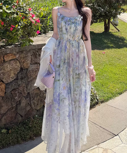 Flowy Spaghetti Straps Appliques Prom Dress Floral A-Line Evening Dress C8693
