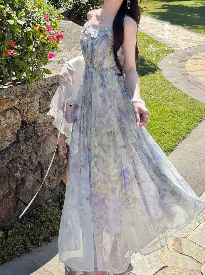 Flowy Spaghetti Straps Appliques Prom Dress Floral A-Line Evening Dress C8693