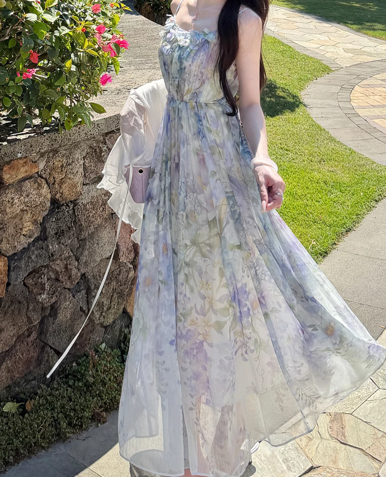 Flowy Spaghetti Straps Appliques Prom Dress Floral A-Line Evening Dress C8693