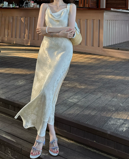 Lustrous Ruched Collar Prom Dress Ivory Jaquard Sheath Evening Dress C8696