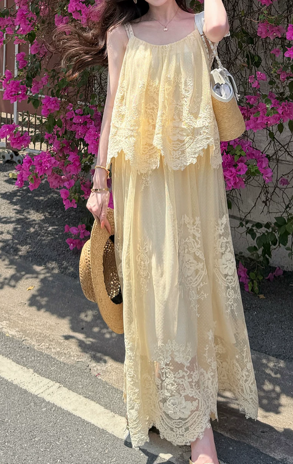 Elegant Spaghetti Straps Ivory Prom Dress Lace Tiered A-Line Evening Dress C8697