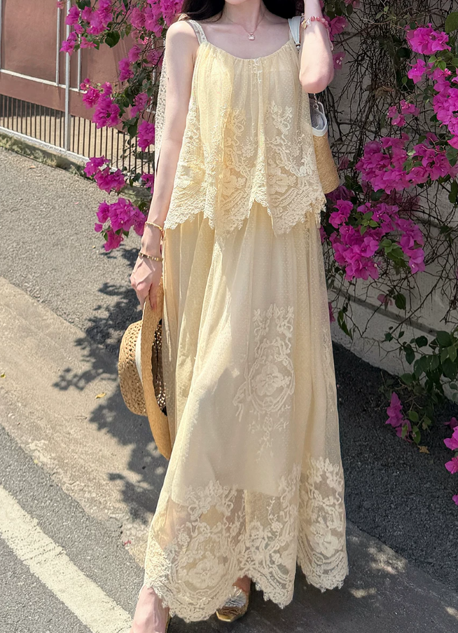 Elegant Spaghetti Straps Ivory Prom Dress Lace Tiered A-Line Evening Dress C8697