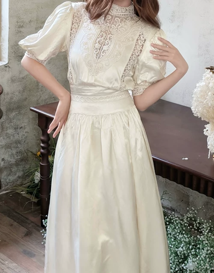 Lustrous Short Sleeve White Prom Dress Lace A-Line Evening Dress C8699