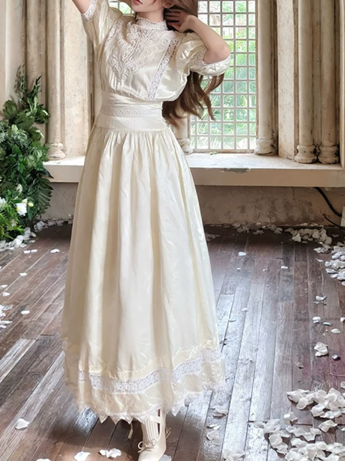 Lustrous Short Sleeve White Prom Dress Lace A-Line Evening Dress C8699