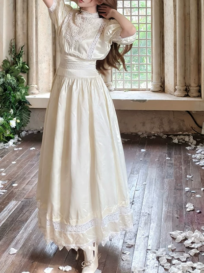 Lustrous Short Sleeve White Prom Dress Lace A-Line Evening Dress C8699