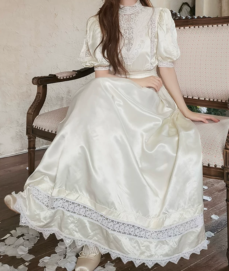 Lustrous Short Sleeve White Prom Dress Lace A-Line Evening Dress C8699