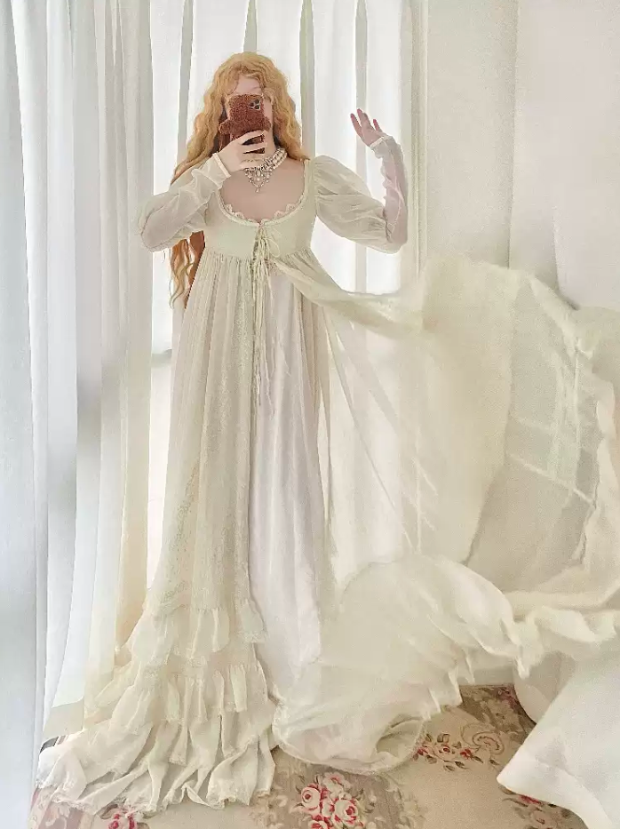 Chic U Neck Ivory Lace Prom Dress Long Sleeve Tiered A-Line Evening Dress C8746