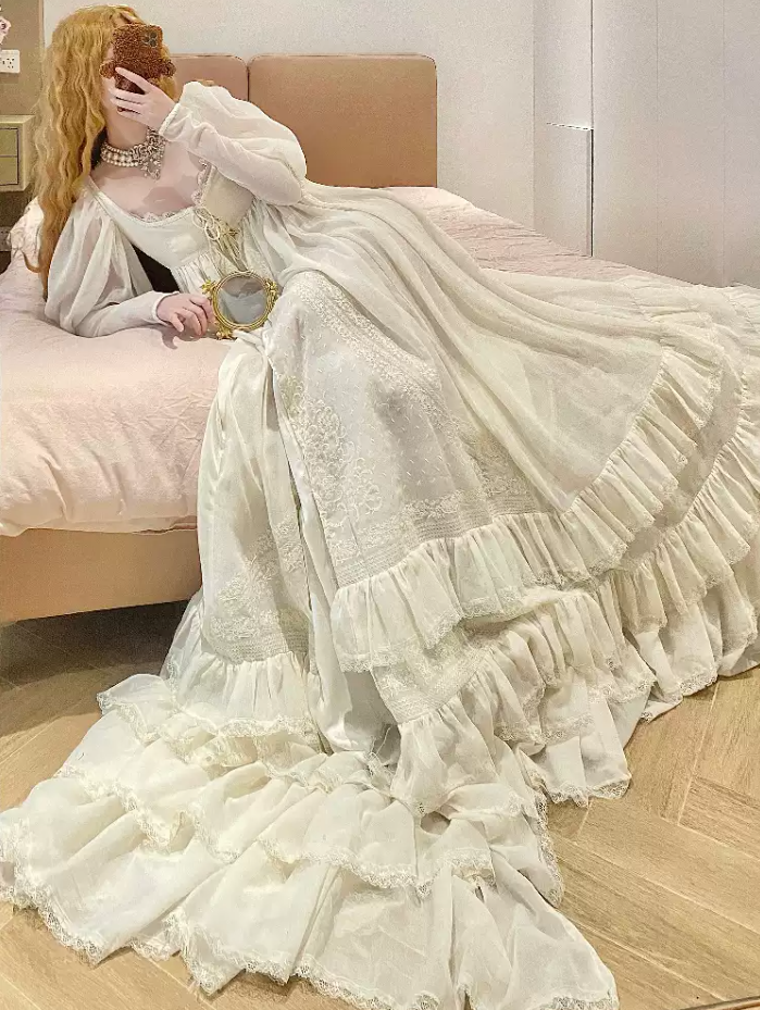Chic U Neck Ivory Lace Prom Dress Long Sleeve Tiered A-Line Evening Dress C8746