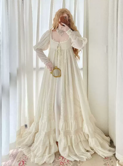 Chic U Neck Ivory Lace Prom Dress Long Sleeve Tiered A-Line Evening Dress C8746