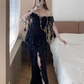Gothic Style Off-Shoulder Black Slit Prom Dress Sequins Tassel Mermaid Evening Dress C8748