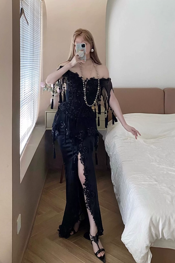 Gothic Style Off-Shoulder Black Slit Prom Dress Sequins Tassel Mermaid Evening Dress C8748