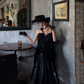 Gothic Style Off-Shoulder Black Slit Prom Dress Sequins Tassel Mermaid Evening Dress C8748
