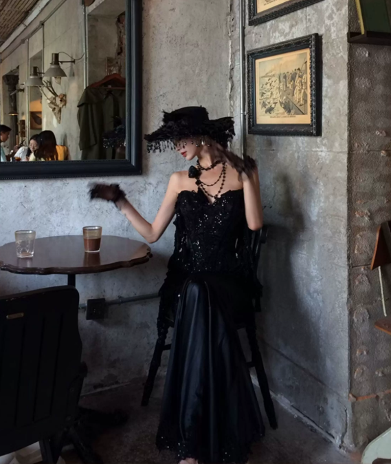 Gothic Style Off-Shoulder Black Slit Prom Dress Sequins Tassel Mermaid Evening Dress C8748